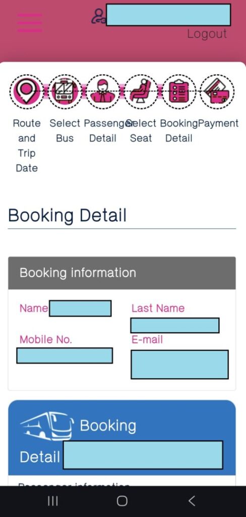 タイのバス会社の公式アプリでスマートフォンでバスを予約する際の詳細画面のスクリーンショット