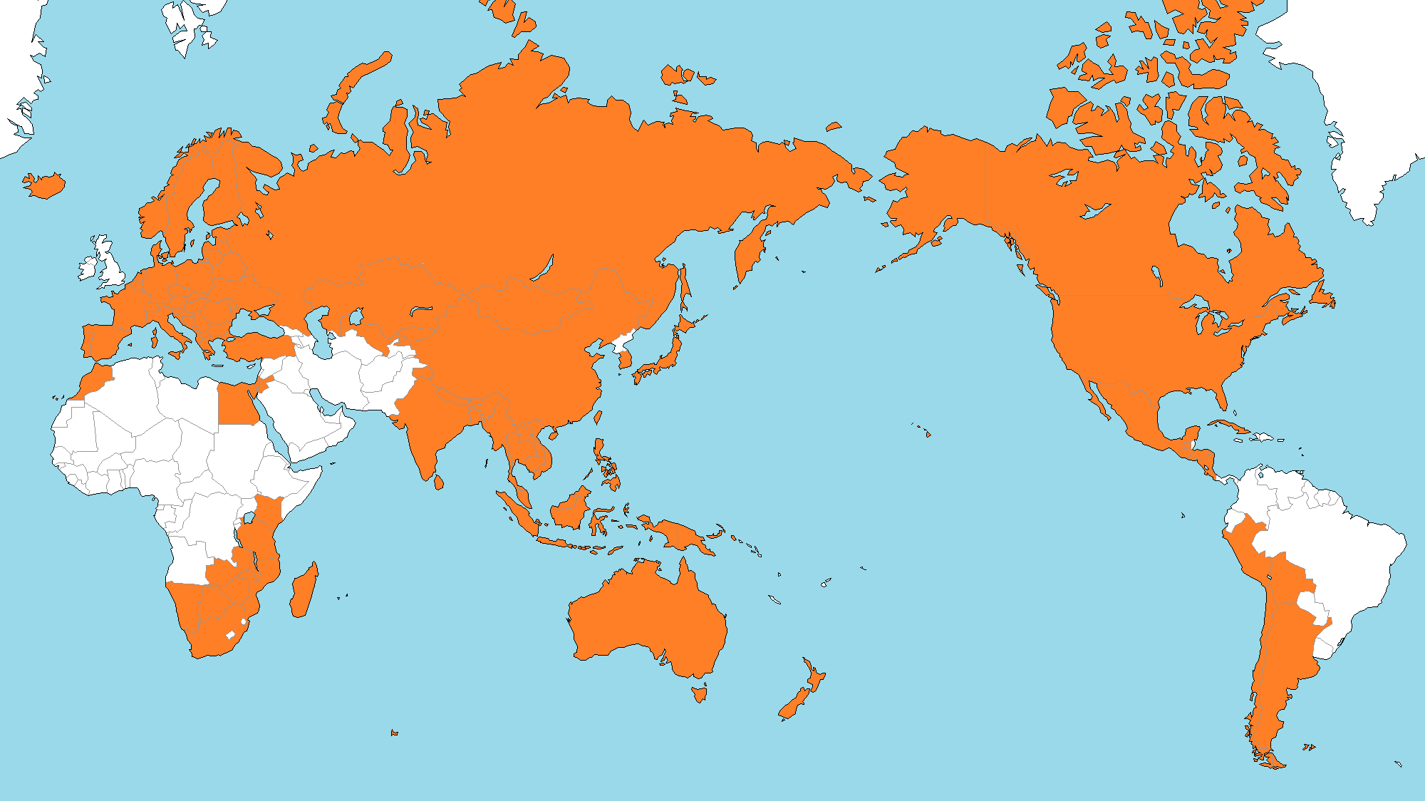 サイト管理人の「いまココ！」がこれまでに訪問した100ヶ国//地域の地図。訪問した国/地域に色を塗っています。