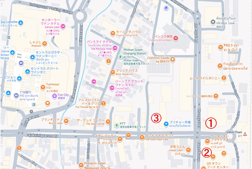 ウドンターニー駅と市場隣のフードコートの位置関係を示す地図
