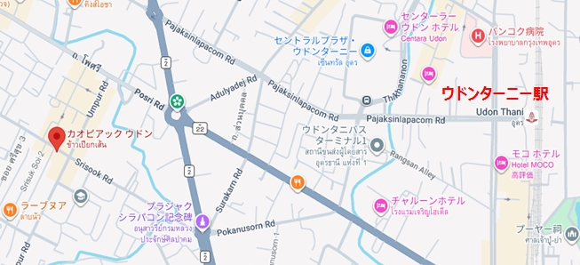 ウドンターニー駅とカオ・ピャック・セン・ウドンの位置関係を示す地図