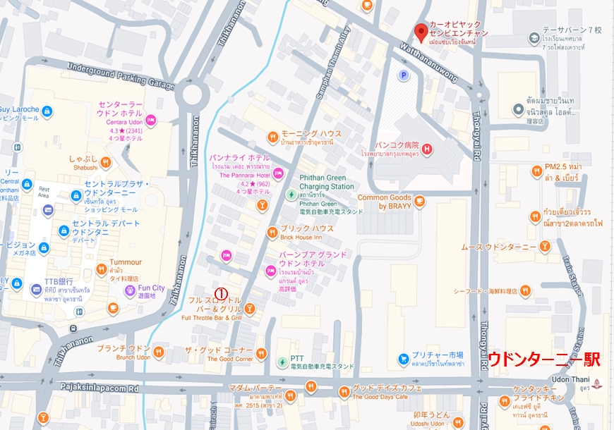 ウドンターニー駅とカーオピヤックセンビエンチャンの位置関係を示す地図