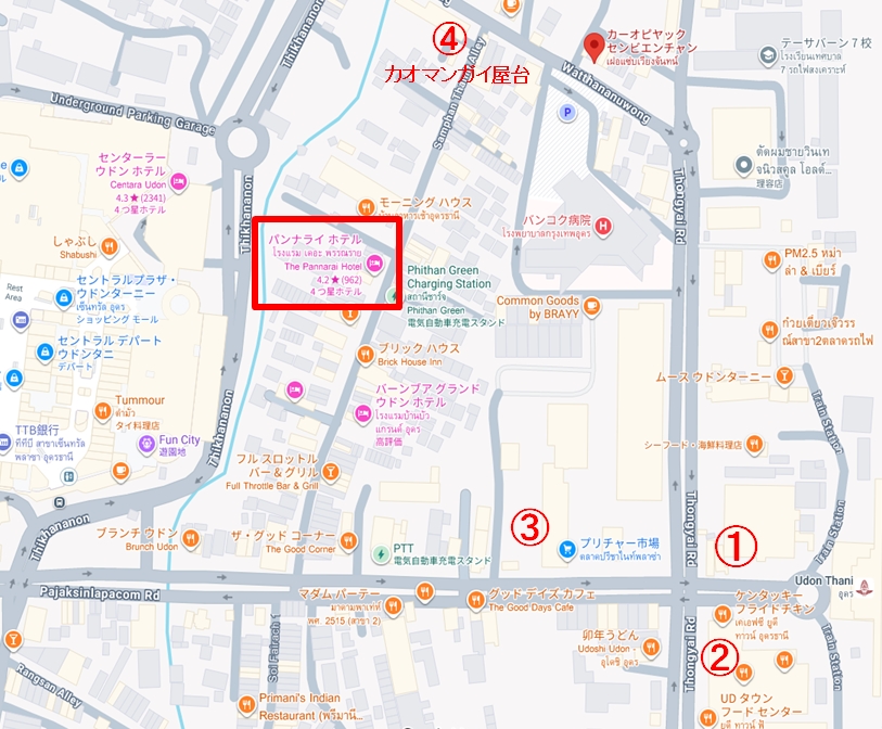 ウドンターニー駅とカオマンガイ屋台をはじめとする屋台の位置関係を示す地図