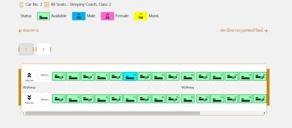 タイ国鉄公式WEBサイトで列車を選択した後の寝台を選択する画面の写真