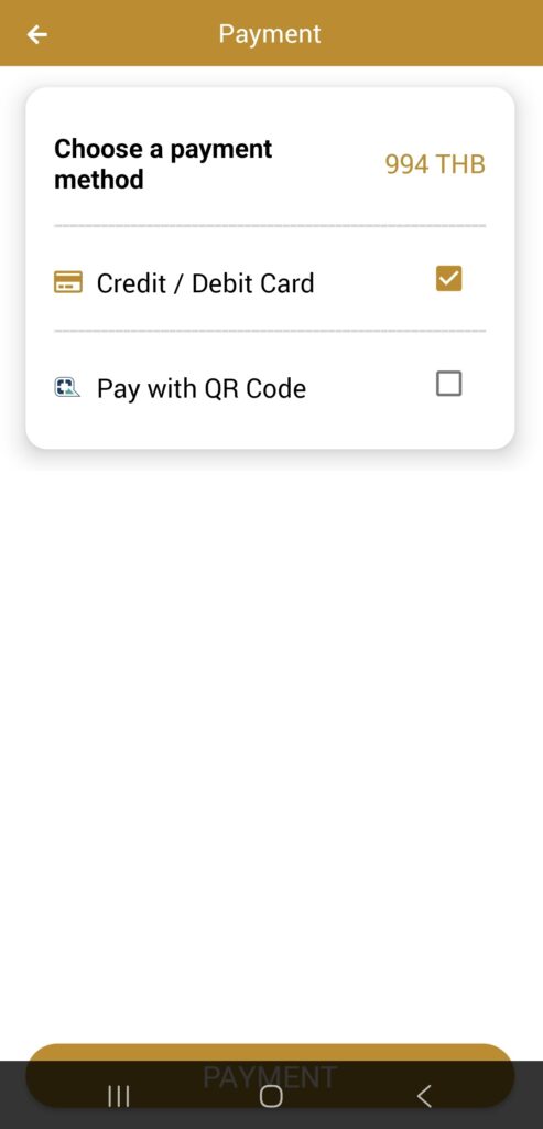 タイ国鉄公式アプリd-ticketアプリの支払方法選択画面をスマートフォンで表示した写真