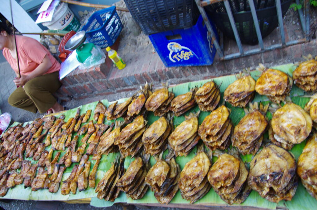 ルアンパバーンの朝市で、干した魚を売る屋台を撮った写真