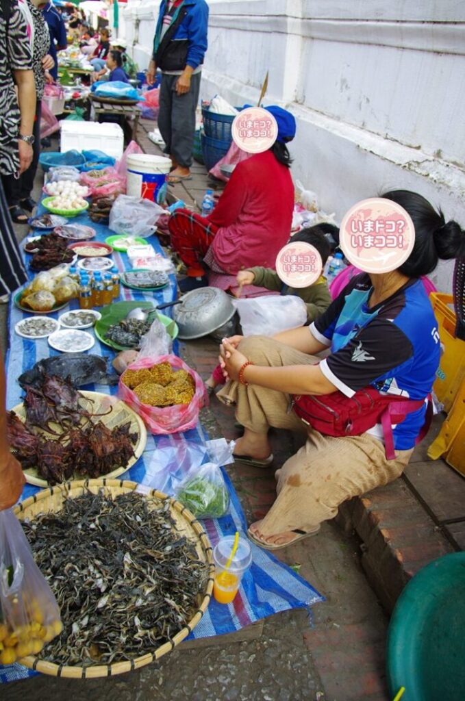 ルアンパバーンの朝市で、干した野菜などを売る屋台を撮った写真