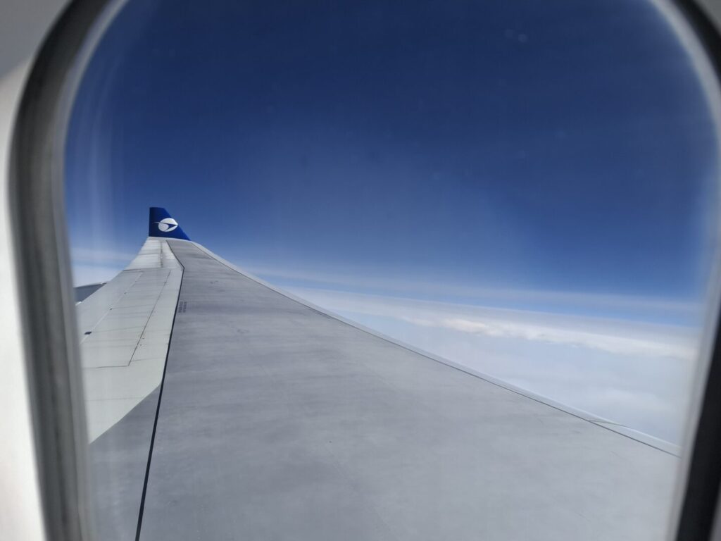 筆者が登場した成田発ソウル行きのパラタ航空機内から、窓越しに雲とパラタ航空のシンボルマークがついた翼を撮った写真