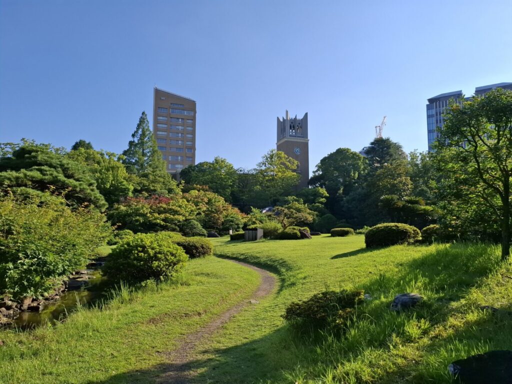 筆者が訪れた大隈庭園で、芝生の奥に大隈講堂が映っている様子を撮った写真