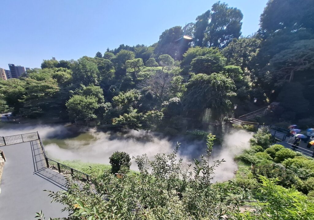 筆者が訪れた目白にある椿山荘で夏のイベントとして行っている東京雲海～八雲～の際に、雲海が椿山荘の池を覆ってしまった様子を上のほうから撮った写真