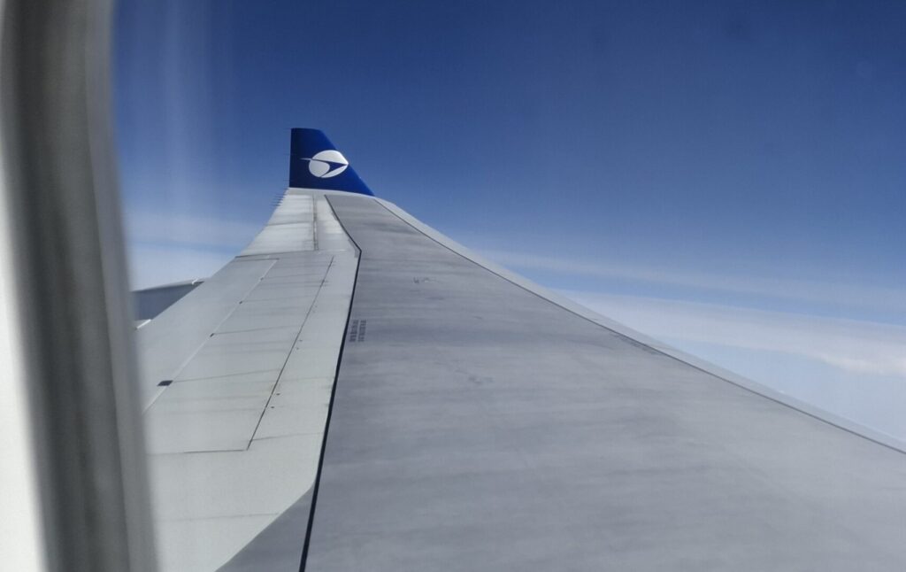 筆者が搭乗したパラタ航空ParataAirの機内から翼と翼の先端に描かれたパラタ航空のマークを撮った写真
