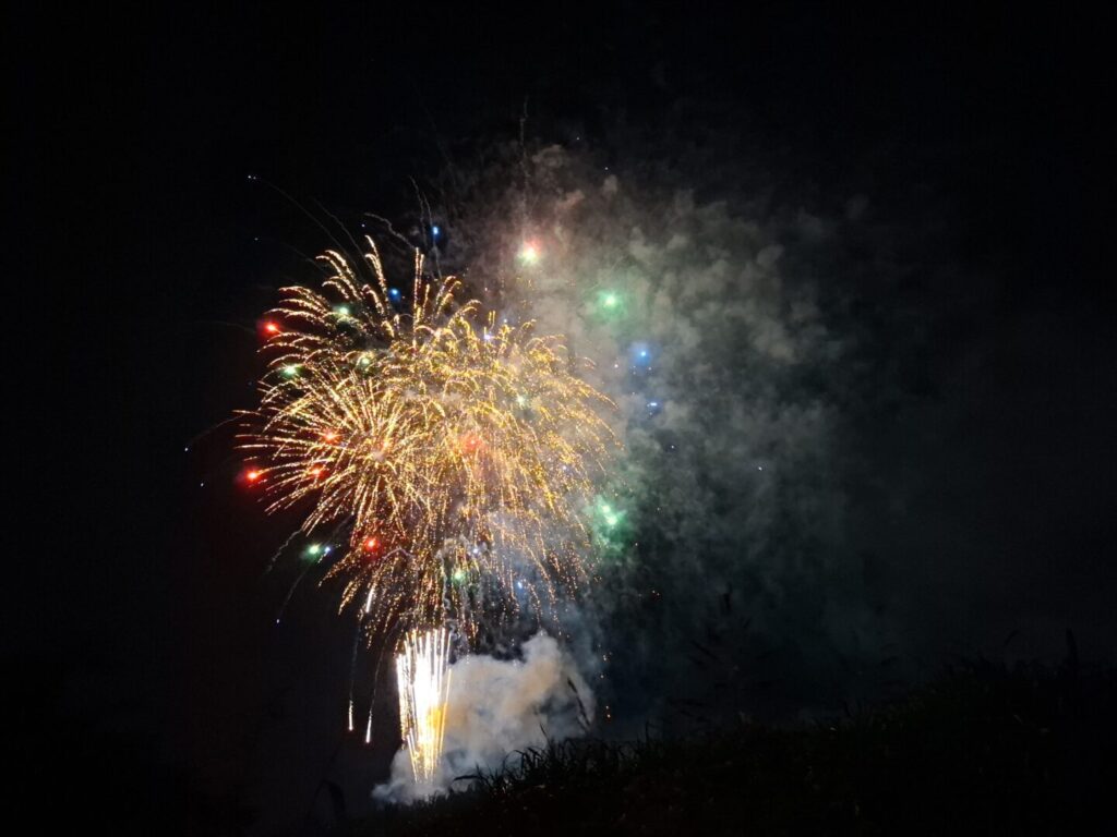 筆者が訪れた狭山市入間川七夕まつりでの花火大会の花火を撮った写真