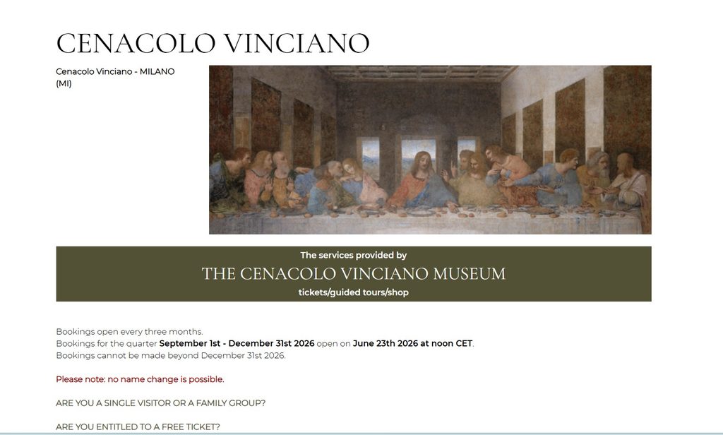 「最後の晩餐」のチケットを販売するcenacolo vinciano公式サイトのトップページのスクリーンショット