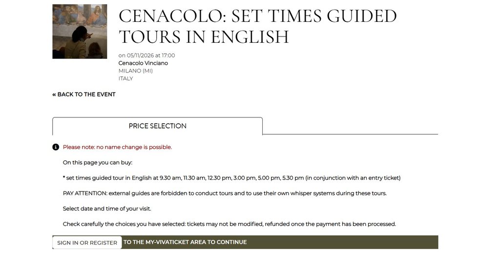 「最後の晩餐」のチケットを販売するcenacolo vinciano公式サイトでログインを促される画面のスクリーンショット