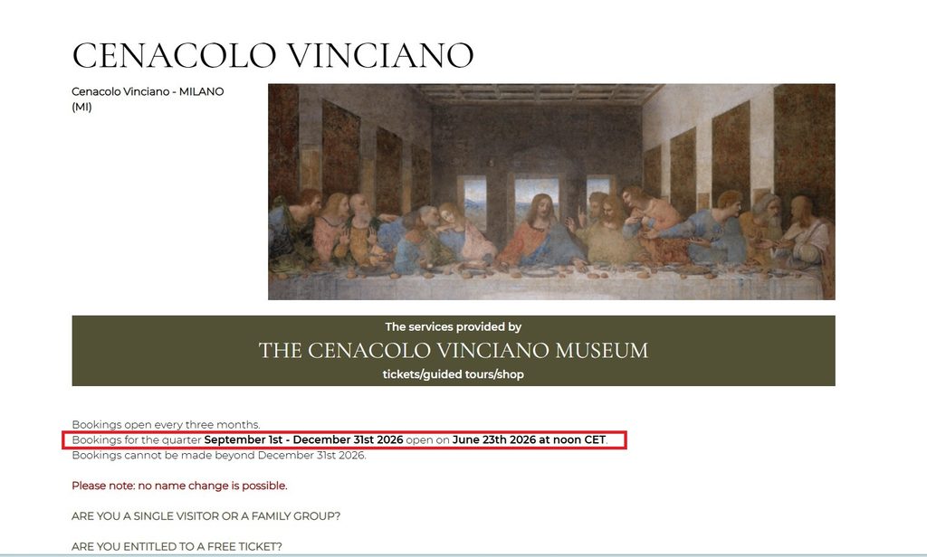 「最後の晩餐」のチケットを販売するcenacolo vinciano公式サイトのトップページで販売期間が記載されている箇所を囲ったスクリーンショット