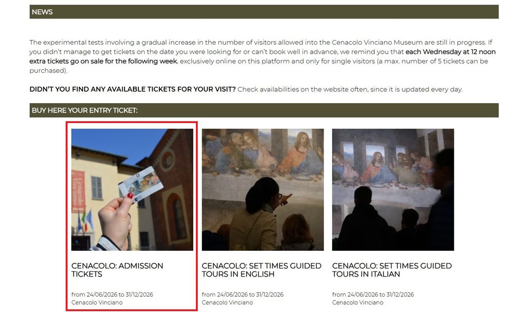 「最後の晩餐」のチケットを販売するcenacolo vinciano公式サイトのトップページからチケット購入に入る箇所のスクリーンショット