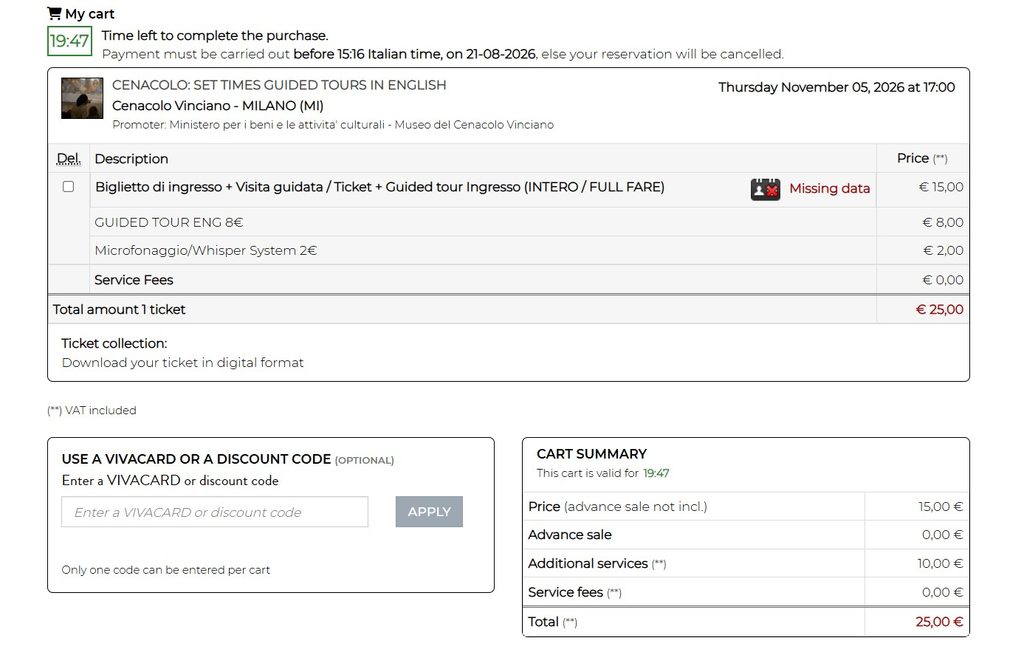 「最後の晩餐」のチケットを販売するcenacolo vinciano公式サイトでチケット購入の金額の内訳が表示されているスクリーンショット