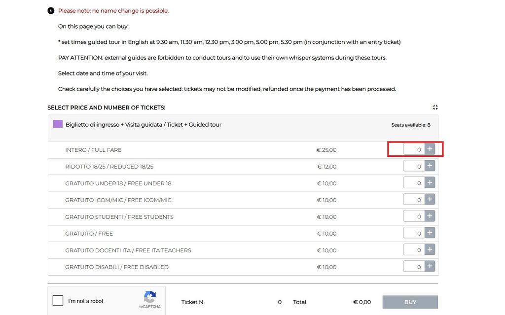 「最後の晩餐」のチケットを販売するcenacolo vinciano公式サイトでチケットの選択をする画面のスクリーンショット