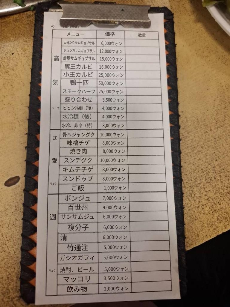 筆者が東大門駅のチョンガ テバッチッを訪れた際にテーブルの上にあった注文票を翻訳したものを撮った写真